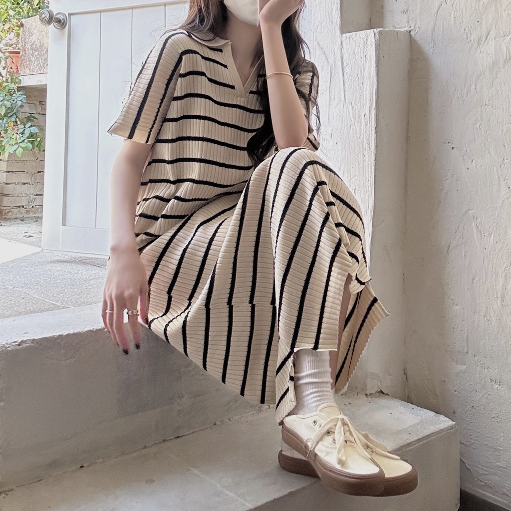 Đầm Dài Tay Ngắn Họa Tiết Sọc Ngang Phong Cách Hàn Quốc Dành Cho Nữ
