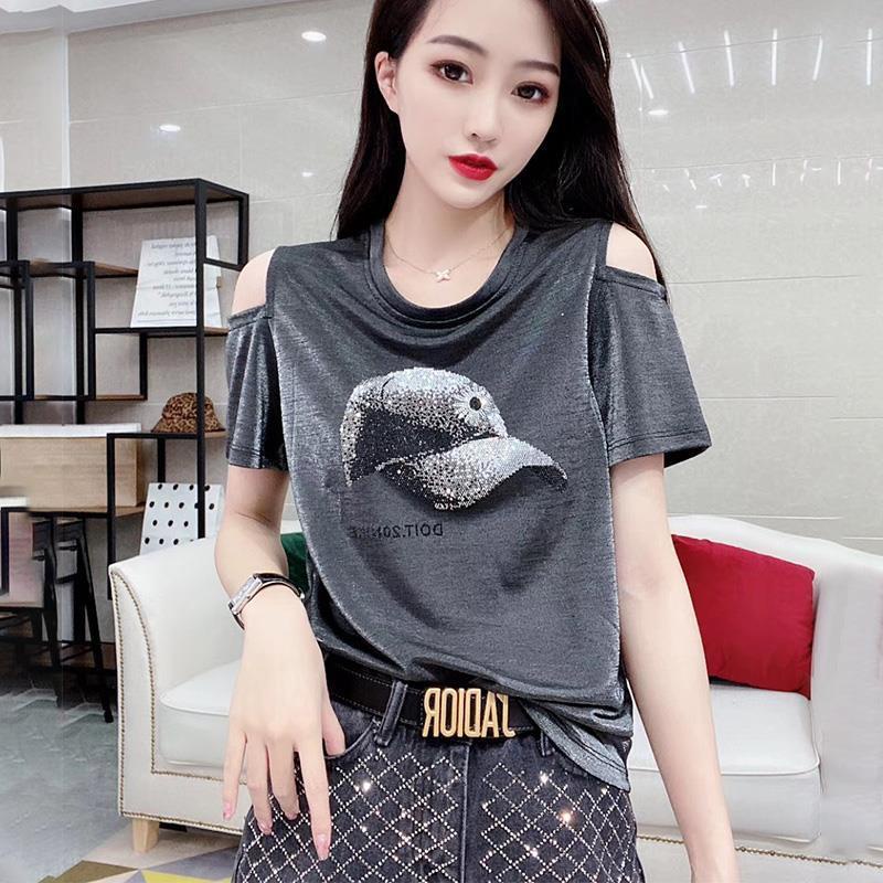 Áo Thun Nữ Cổ Tròn Hở Vai Màu Trơn Phong Cách Châu Âu Thời Trang Mùa Hè Mới