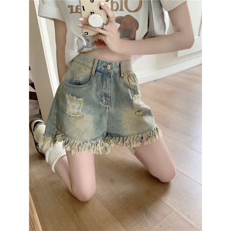 Quần Short Denim Ống Rộng Phối Rách Cá Tính Theo Phong Cách Hàn Quốc 2023