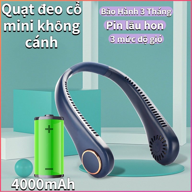 【FREESHIP】Quạt Đeo Cổ USB Mini Tích Điện Không Cánh Tiện Lợi, Có 3 Chế Độ Gió, Dáng Thể Thao Dung Lượng Pin Lớn 4000mAhm