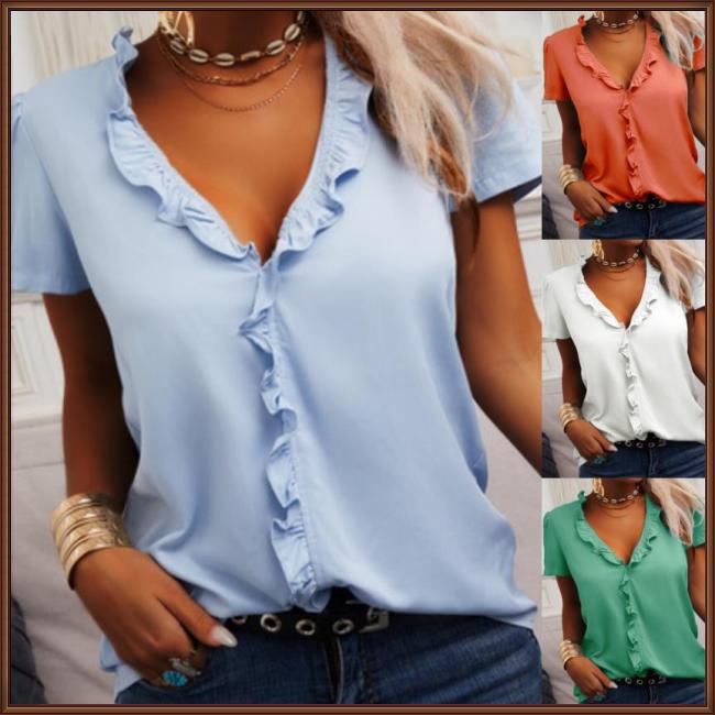 Áo Kiểu Tay Ngắn Cổ Chữ V Màu Trơn Đơn Giản Thời Trang Dành Cho Nữ