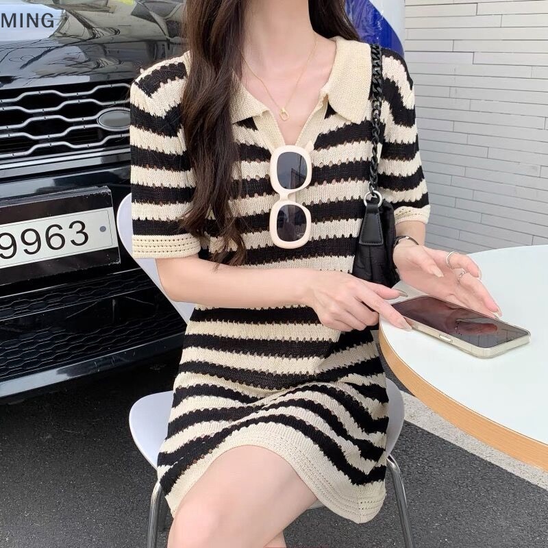 Đầm Dệt Kim Cổ Bẻ Họa Tiết Kẻ Sọc Thời Trang Mùa Hè Xinh Xắn Cho Nữ
