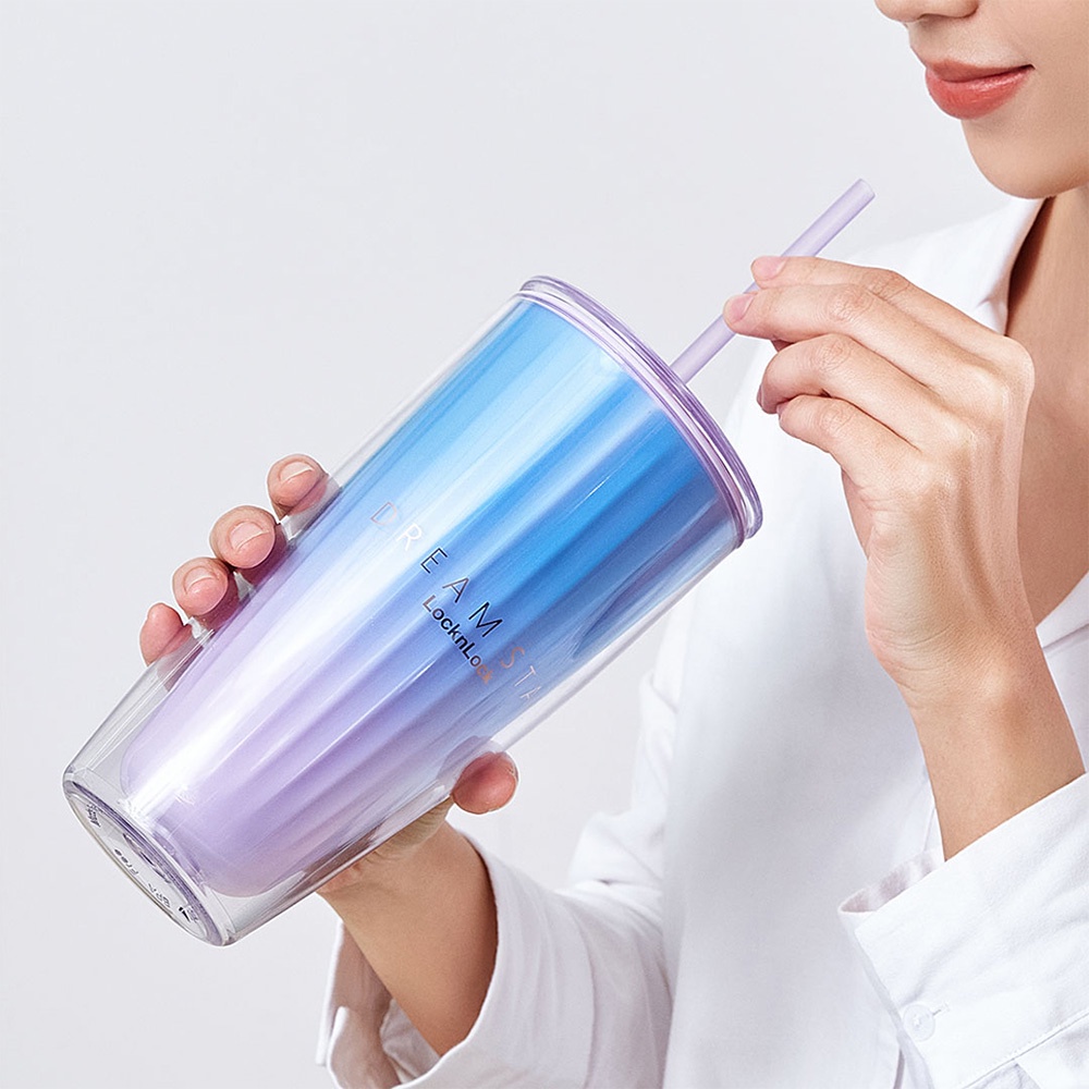 Ly nhựa uống nước 2 lớp LocknLock có nắp Chính hãng, siêu cute Dream Star 750ml HAP522 - Kèm ống hút, cọ rửa - HAPOS