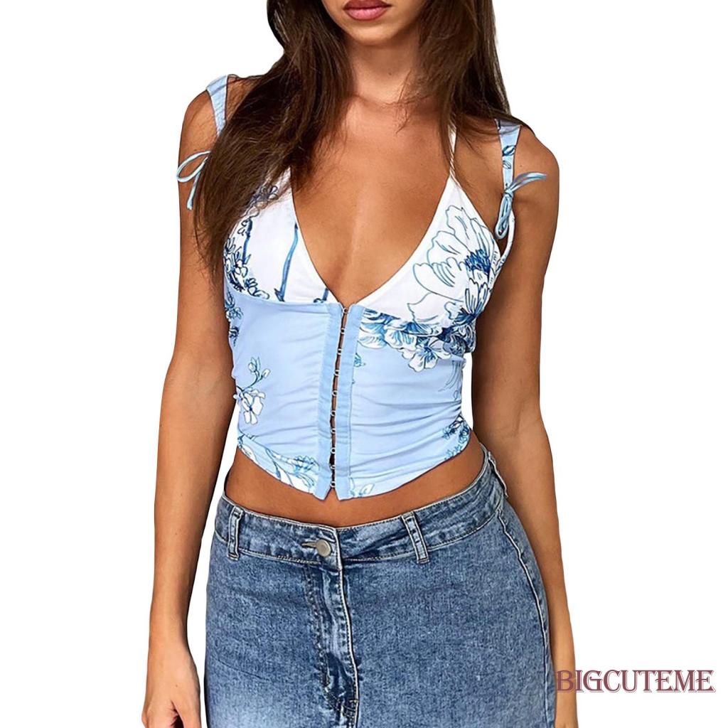 Áo Hai Dây Cổ Chữ V In Hoa Thời Trang Mùa Hè Dành Cho Nữ