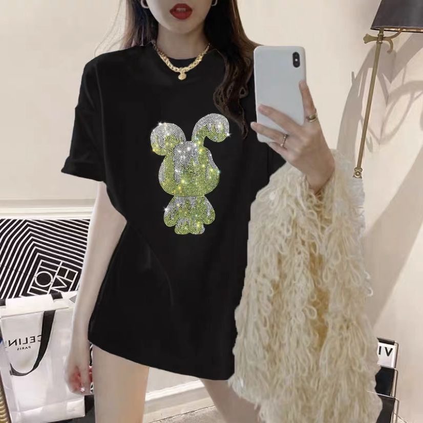 Áo Thun Tay Ngắn Dáng Rộng Bằng Vải Cotton Màu Trắng Trơn In Hình Thỏ Đính Đá Thời Trang Mùa Hè Phong Cách Mới Cho Nữ