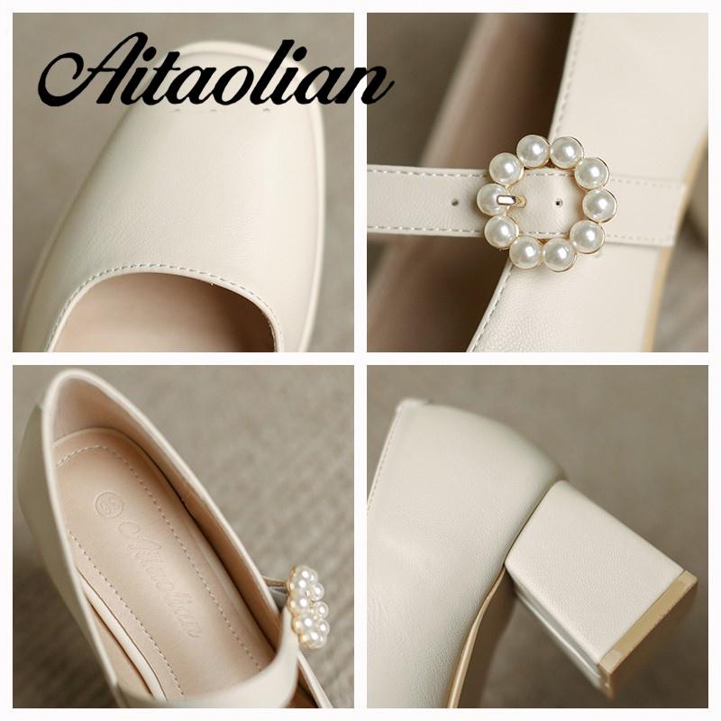 Giày Cao Gót 5Cm Da Mềm Mũi Vuông Đính Khóa Ngọc Trai Chống Trượt Phong Cách Anh Quốc