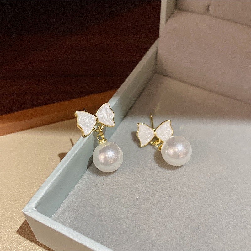 Bông Tai Mạ Bạc 925 Hình Nơ Đính Ngọc Trai Thời Trang Mới 2023