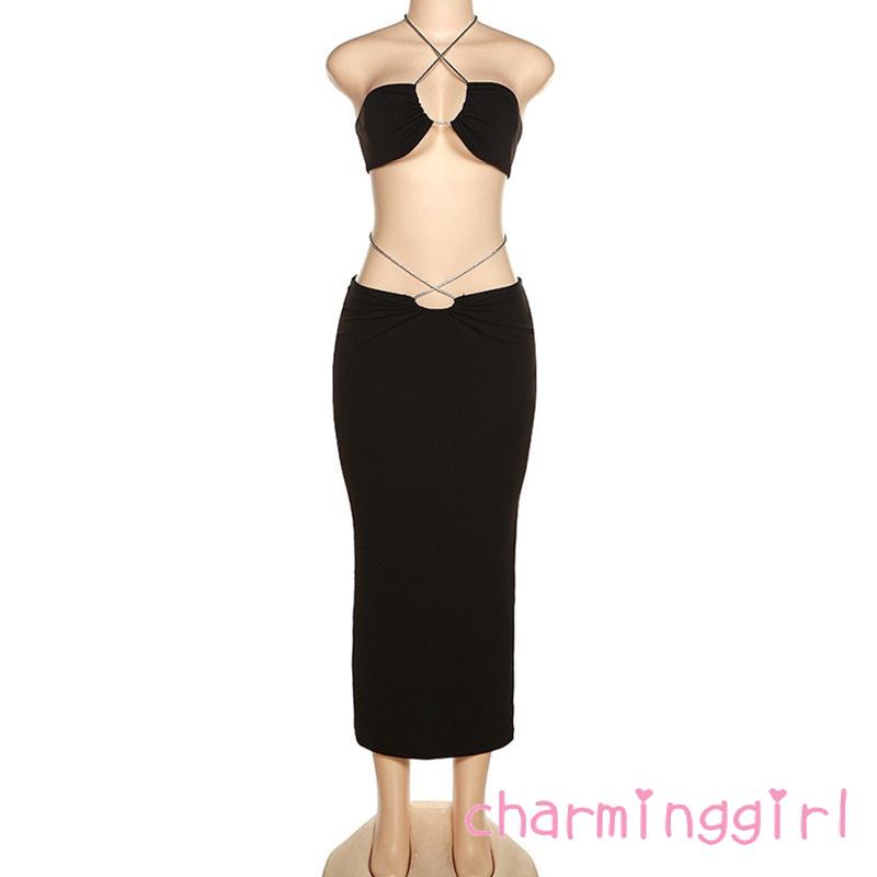 Set Áo Cổ Yếm Không Tay Màu Sắc Trơn Và Chân Váy Dài Thời Trang Mùa Hè Cho Nữ