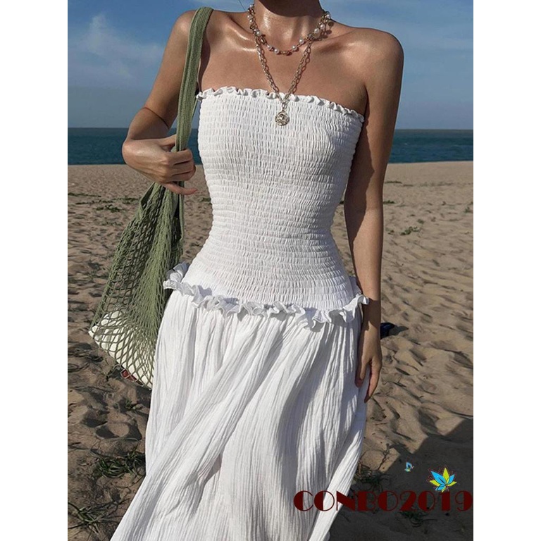 Đầm Dài Dáng Chữ A Hở Lưng Cổ Thuyền Màu Trơn Thời Trang Mùa Hè Dành Cho Nữ