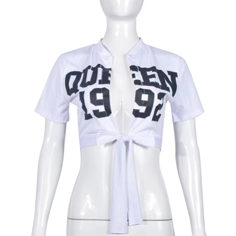 Xiangbao Áo Croptop Tay Ngắn Cổ Chữ V Khoét Sâu Thắt Dây Phía Trước In Chữ Phong Cách Harajuku Gợi Cảm Cho Nữ