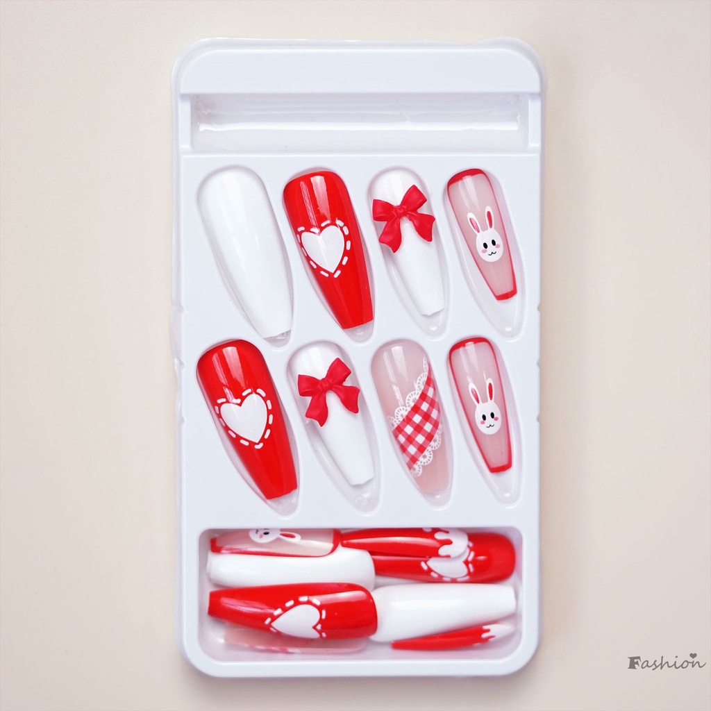 Móng Tay Giả Hình Thỏ Thắt Nơ Đỏ Dễ Thương