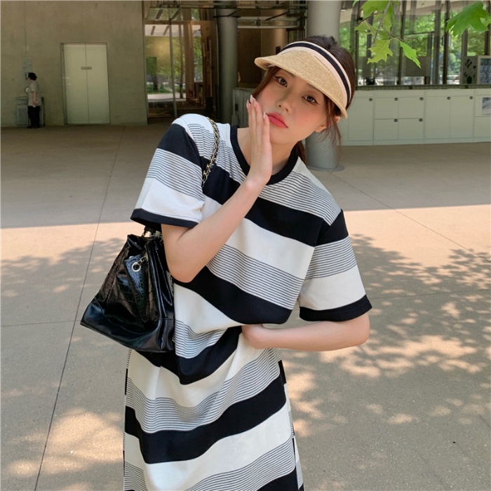 SUXI Đầm Midi Tay Ngắn Cổ Tròn Dáng Rộng Họa Tiết Kẻ Sọc Thời Trang Mùa Hè Xinh Xắn Cho Nữ