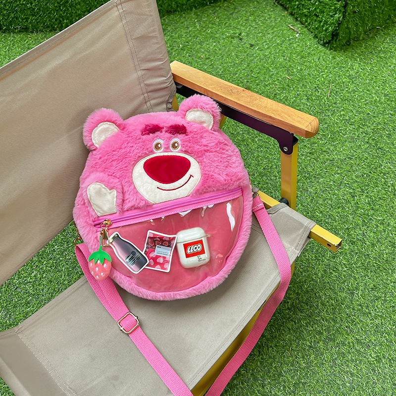 Alphaz Túi Đeo Chéo Trong Suốt Phối Lông Xù Kiểu Hoạt Hình Gấu Dâu Tây Đáng Yêu