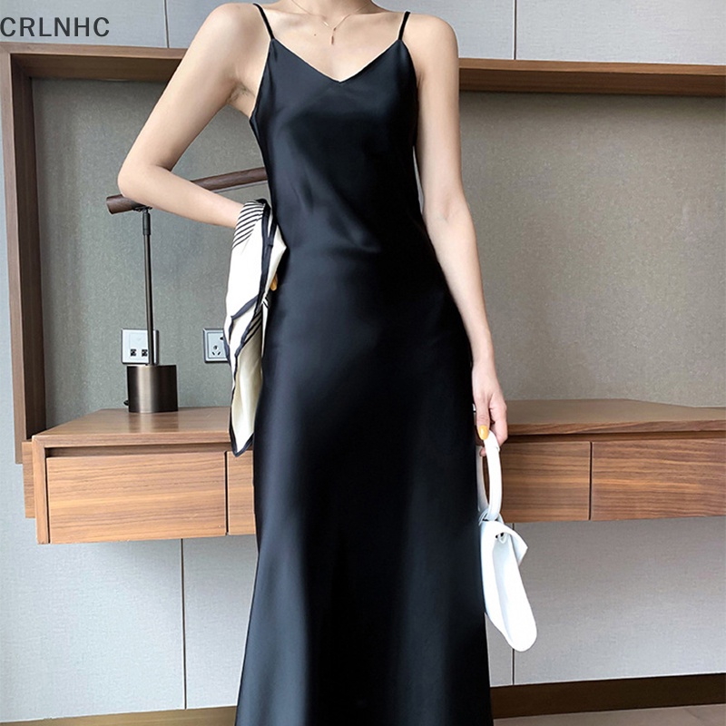 Đầm Lụa Không Tay Cổ Chữ V Màu Trơn Thời Trang Mùa Hè Dành Cho Nữ