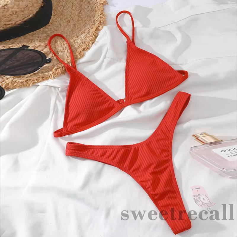 Bộ Đồ Bơi 2 Mảnh Không Tay Có Gân Màu Trơn Thời Trang Mùa Hè Cho Nữ