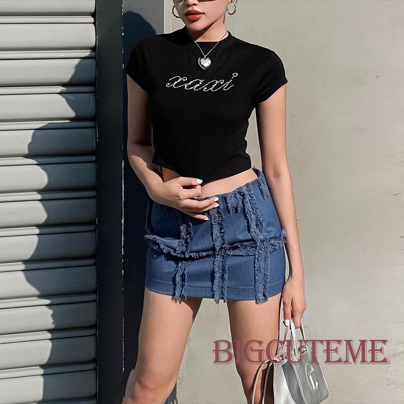 Áo Croptop Tay Ngắn Cổ Tròn Đính Đá Ôm Dáng Thời Trang Mùa Hè Cho Nữ