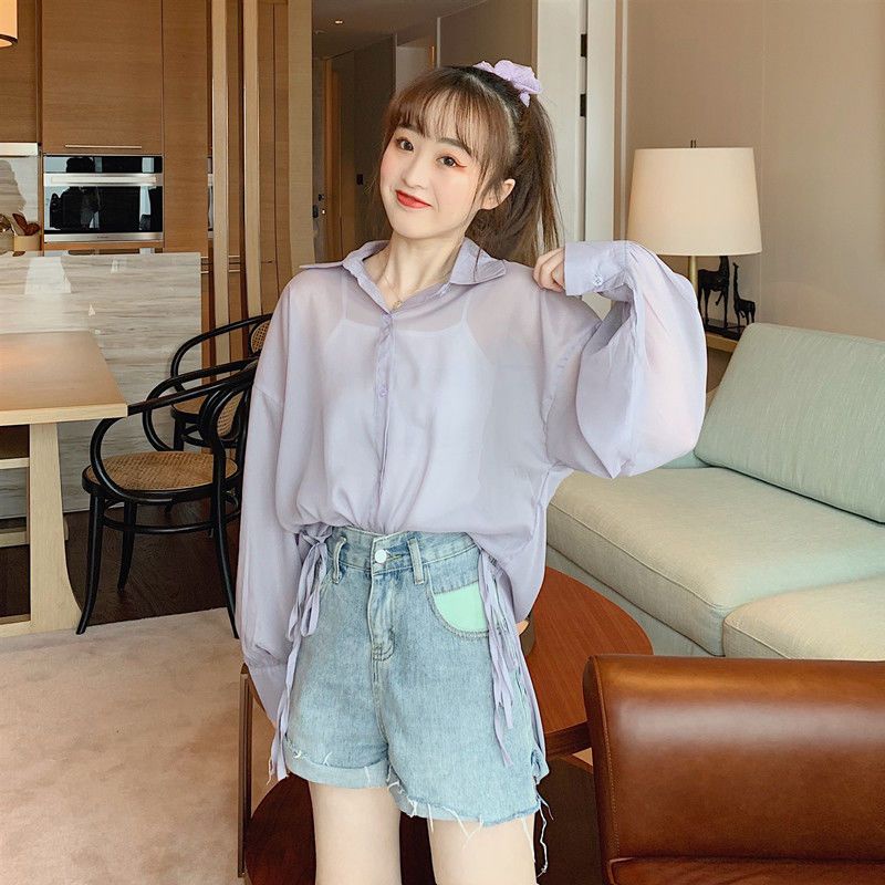 Áo Sơ Mi Tay Dài Chống Nắng Dáng Rộng Xẻ Tà Cột Dây Phong Cách Mới Cho Nữ @ -