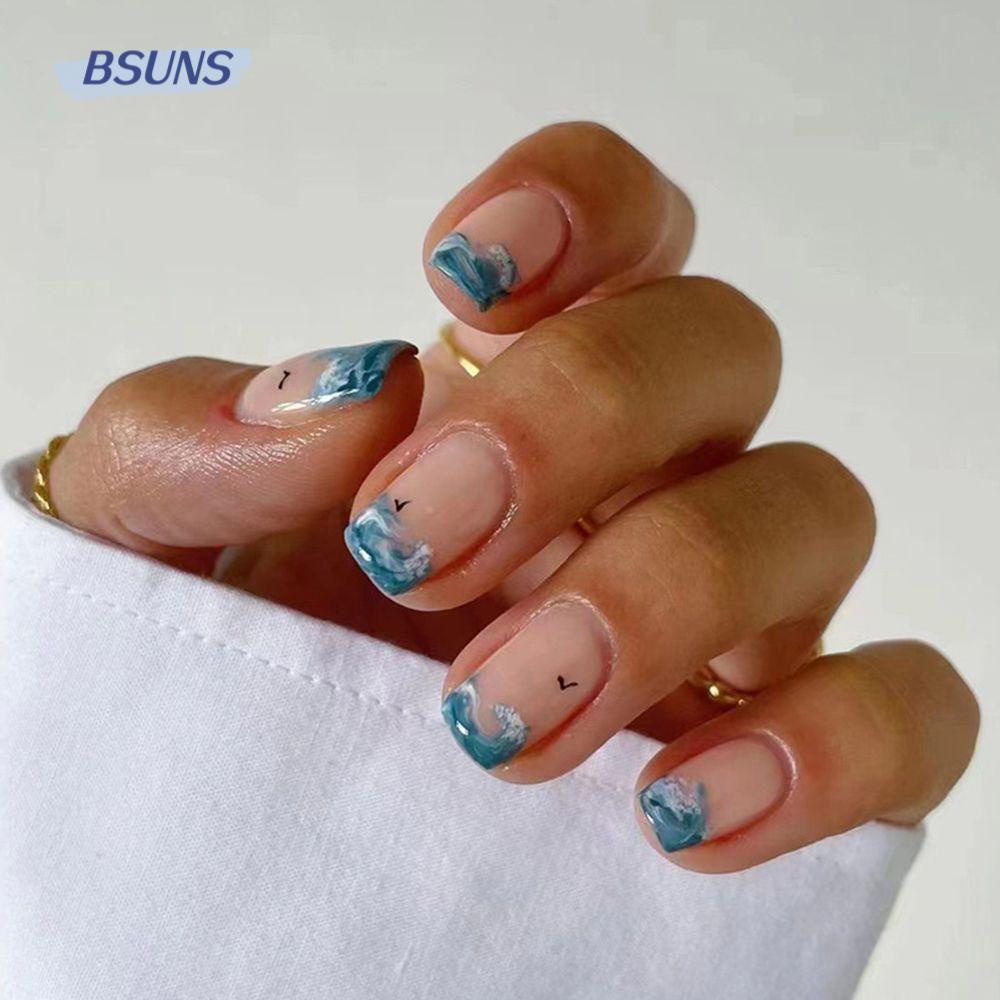 Bộ 24 Móng Tay Giả Hình Gấu / Bướm / Bóng Lông Màu Xanh Dương Có Thể Tháo Rời