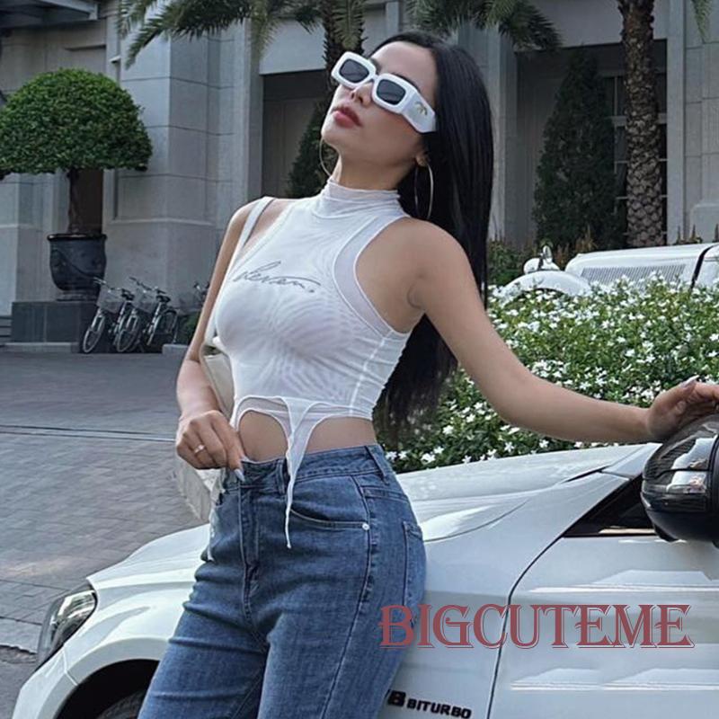 [] - Áo Thun Không Tay Cổ Lọ Đính Kim Sa Chữ Cái Thời Trang Đi Hộp Đêm Cho Nữ