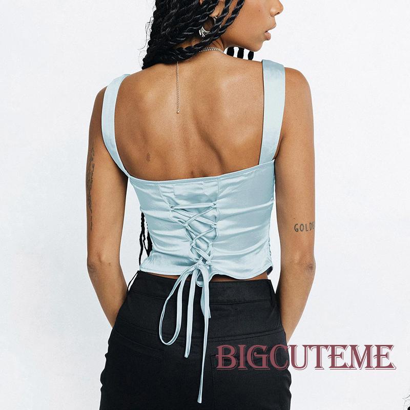 [] - Áo Crop Top Hai Dây Màu Trơn Mùa Hè Thẩm Mỹ Dành Cho Nữ Màu Xanh Dương