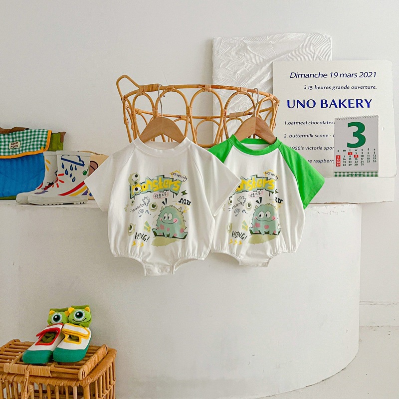 Pinpoo Bộ Áo Liền Quần Tay Ngắn Vải Cotton In Hình Quái Vật Nhỏ Dễ Thương Cho Bé Sơ