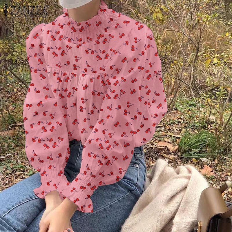 ZANZEA Áo Kiểu Dài Tay Cổ Cao Họa Tiết Trái Cherry Thời Trang Nữ Tính