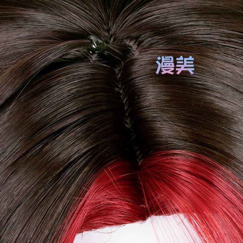 Manmei Genshin Impact Red Xiao Cosplay Wig 100cm Long Ponytail Mixed Color Hair Heat Resistant Synthetic Party Wigs + Wig Cap