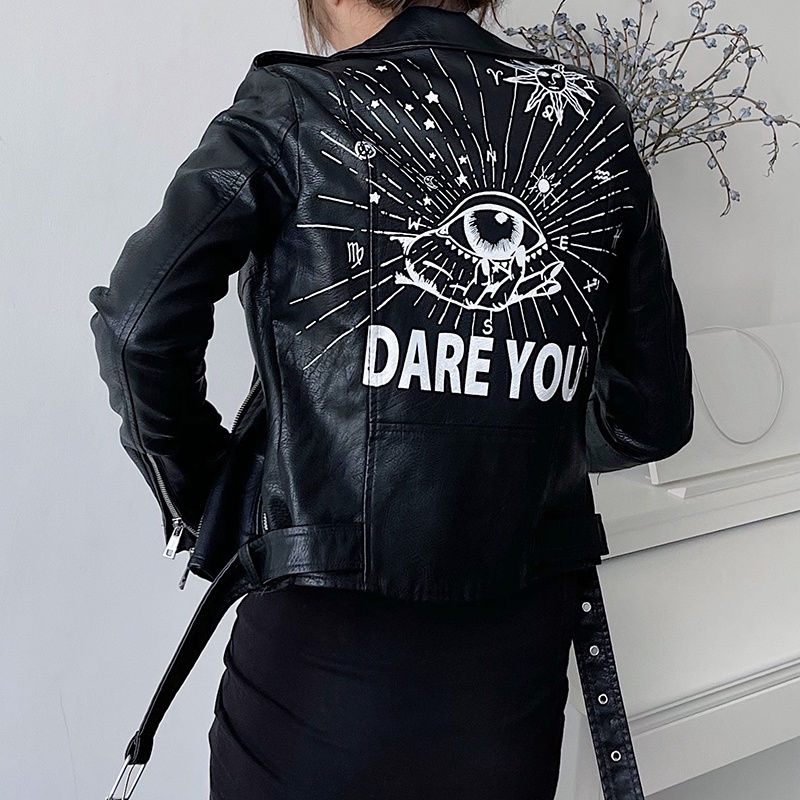 Áo Khoác Da pu Ngắn In Chữ Đính Đinh Tán Thời Trang Cá Tính Cho Nữ