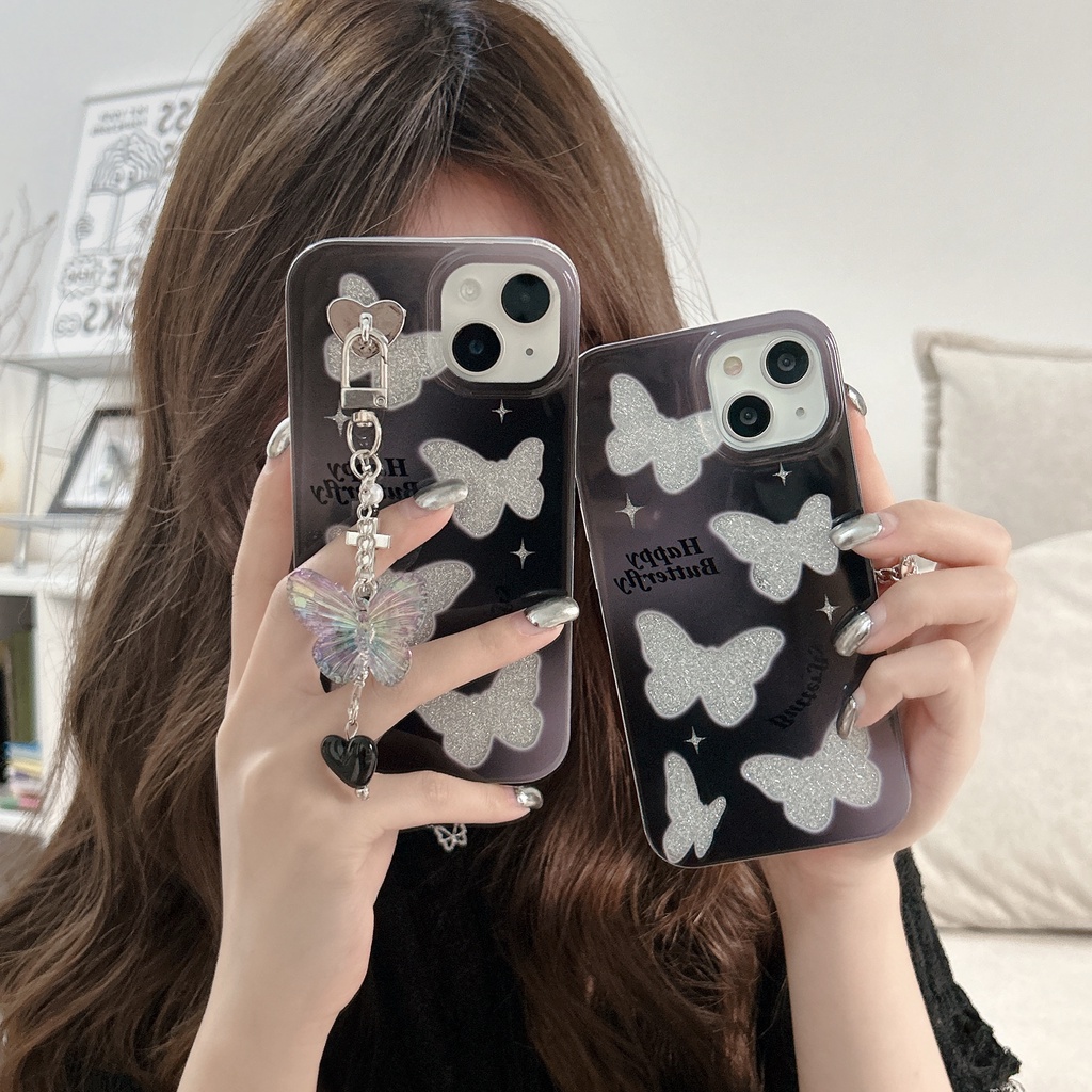 Ốp Điện Thoại IMD Hai Mặt Chống Sốc Hình Bướm Lấp Lánh Cho IPhone 14 13 12 11 Pro Max