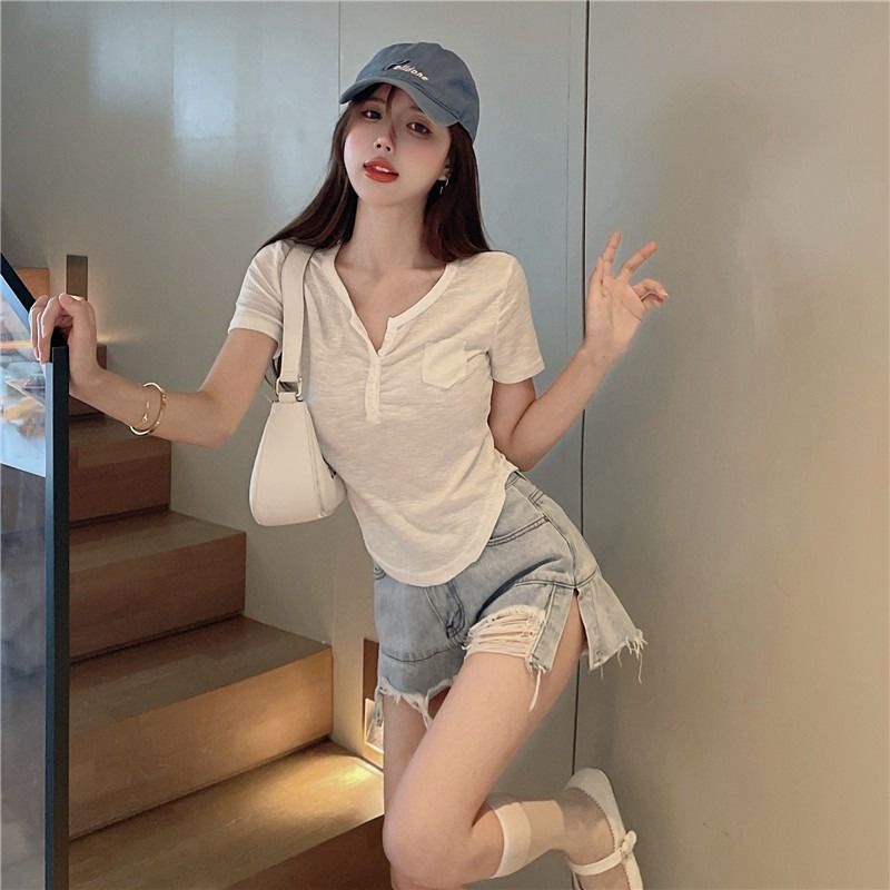 COZOK Áo Thun Tay Ngắn Màu Trơn Dáng Ôm Phong Cách Thời Trang Retro