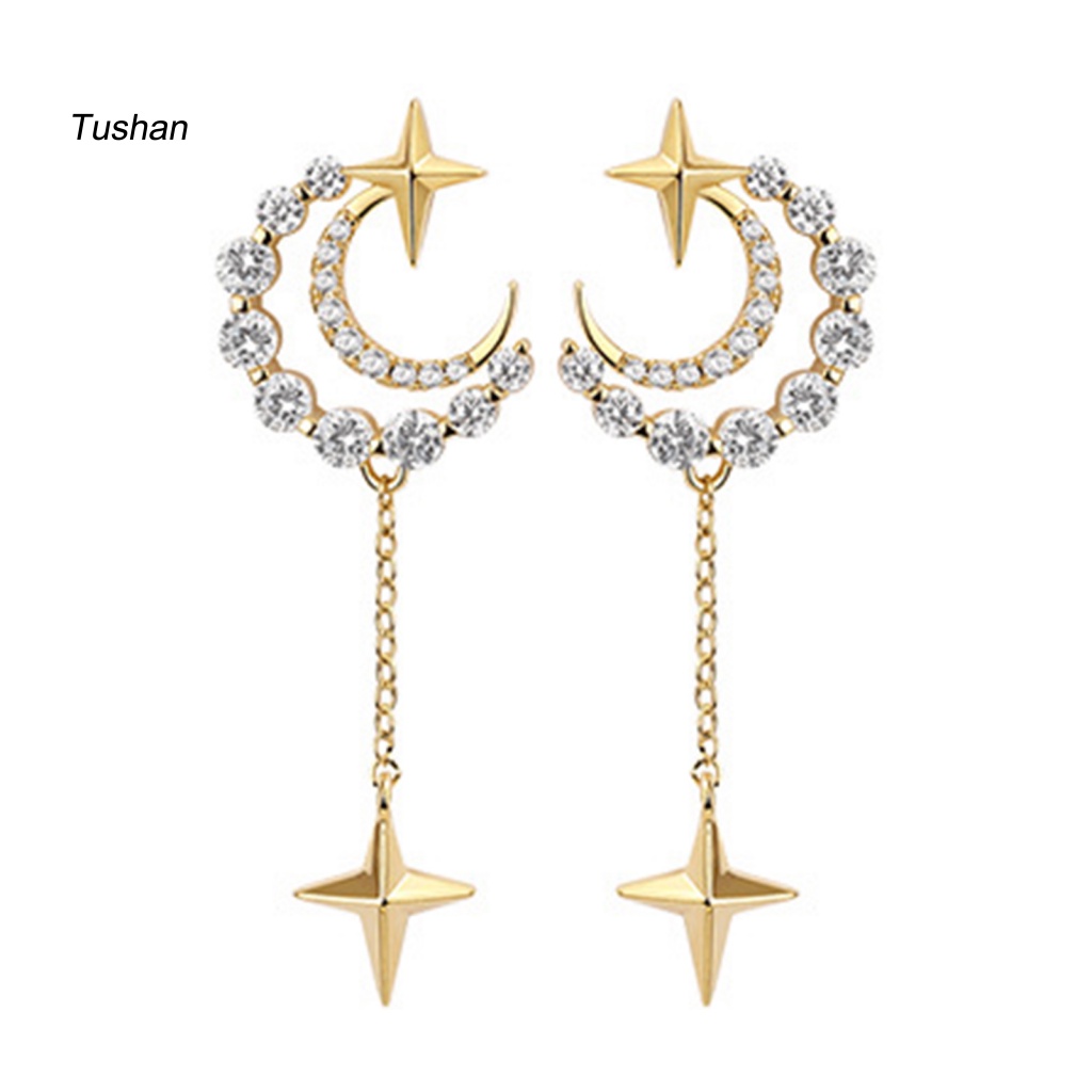 1 Đôi Bông Tai Dáng Dài Hình Mặt Trăng Ngôi Sao Đính Đá Thời Trang