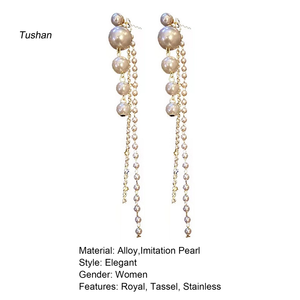 1 Cặp Bông Tai Tua Rua Dài Đính Ngọc Trai Giả Lấp Lánh