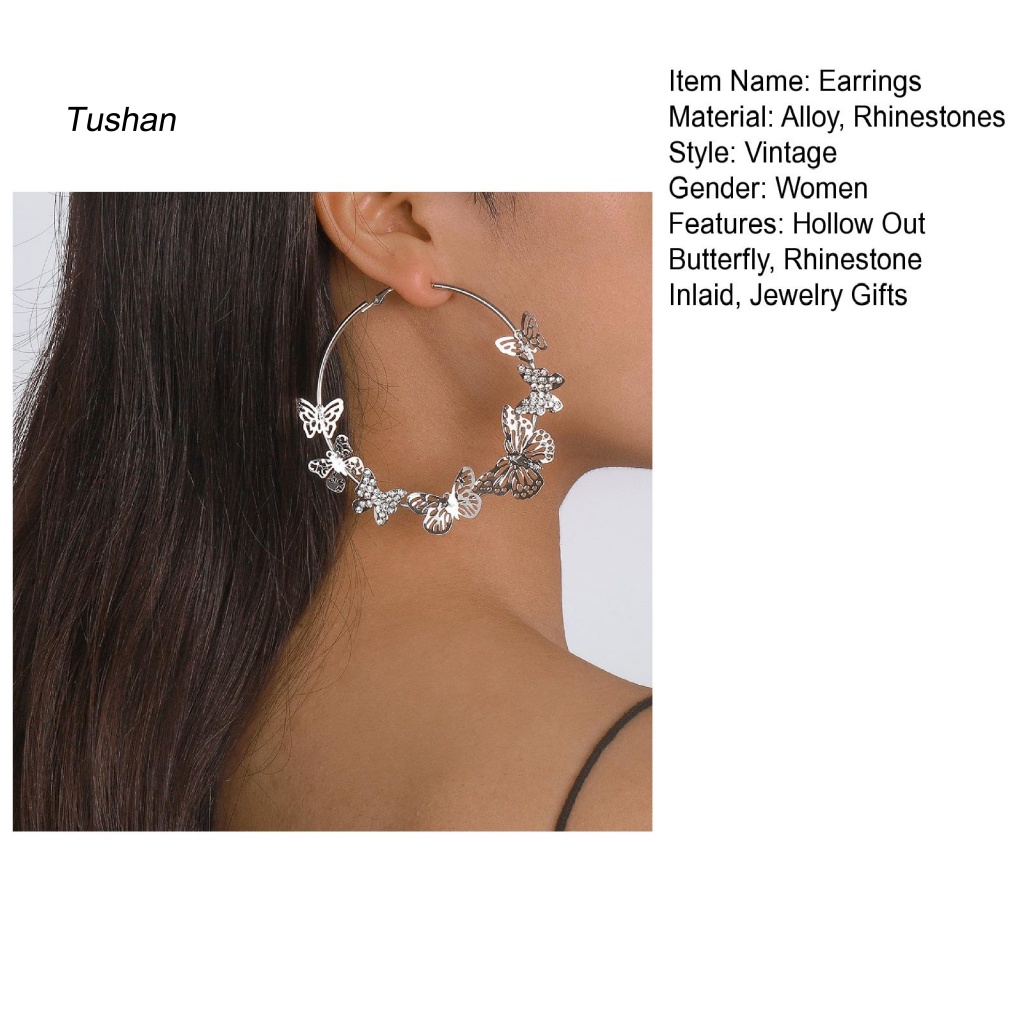 1 Đôi Bông Tai Tròn Đính Đá Hình Bướm 3D Lấp Lánh Phong Cách Vintage Dành Cho Nữ