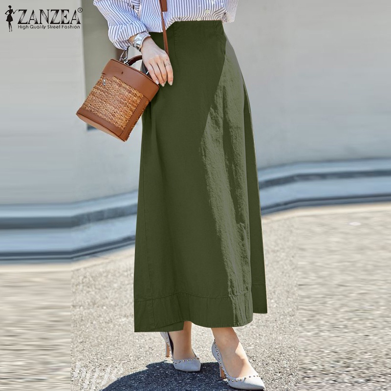 Zanzea Chân Váy Cotton Màu Trơn Lưng Cao Có Khóa Kéo Phong Cách Hàn Quốc Cho Nữ