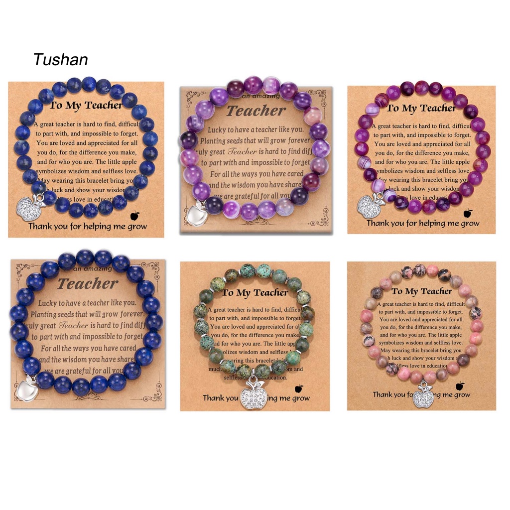 [Ts] Vòng Tay Chuỗi Hạt Đá Tự Nhiên Có Thẻ Chữ Thank You Màu Bạc Mặt Trái Cây Làm Quà Tặng Ngày Nhà Giáo Cho Nữ