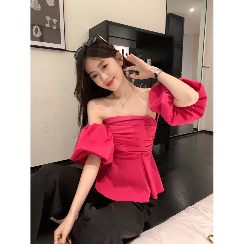 Cozok Áo Sơ Mi Tay Phồng Ngắn Xếp Ly Một Bên Vai Ôm Dáng Kiểu Vintage