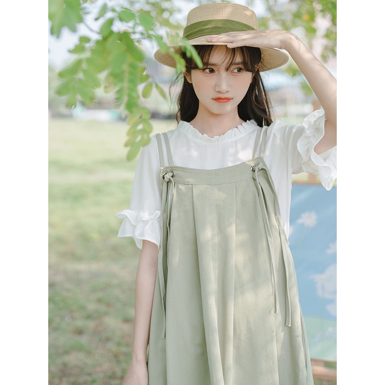 Bộ Đầm Hai Dây + Áo Sơ Mi Trơn Màu Xinh Xắn Theo Phong Cách Mùa Hè Hàn Quốc Mới