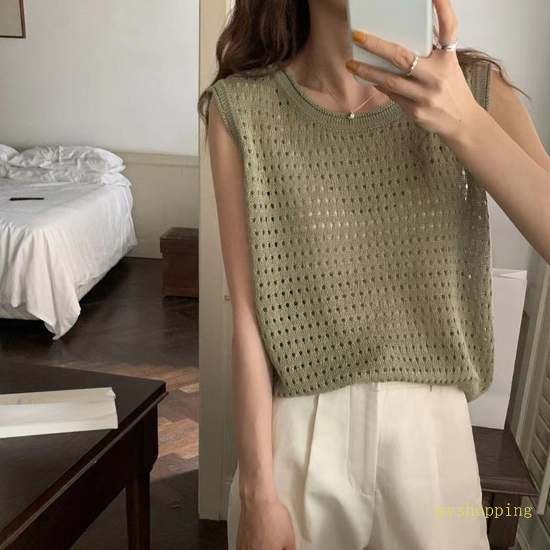 Áo Tank Top Dệt Kim Cổ Tròn Không Tay Khoét Rỗng Gợi Cảm Cho Nữ