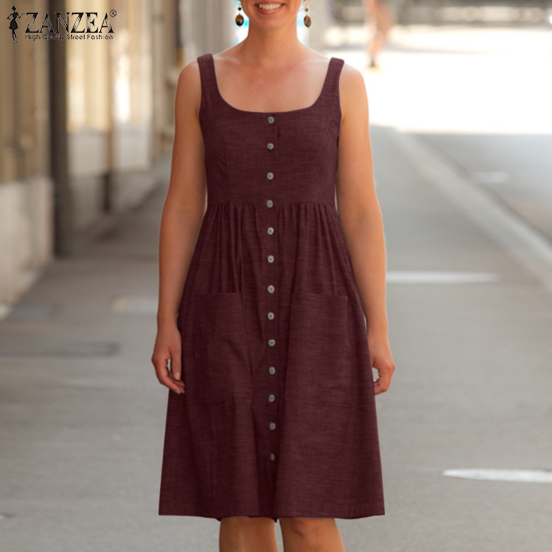 Zanzea Đầm không tay Cổ Chữ U Lưng Cao Phong Cách Vintage