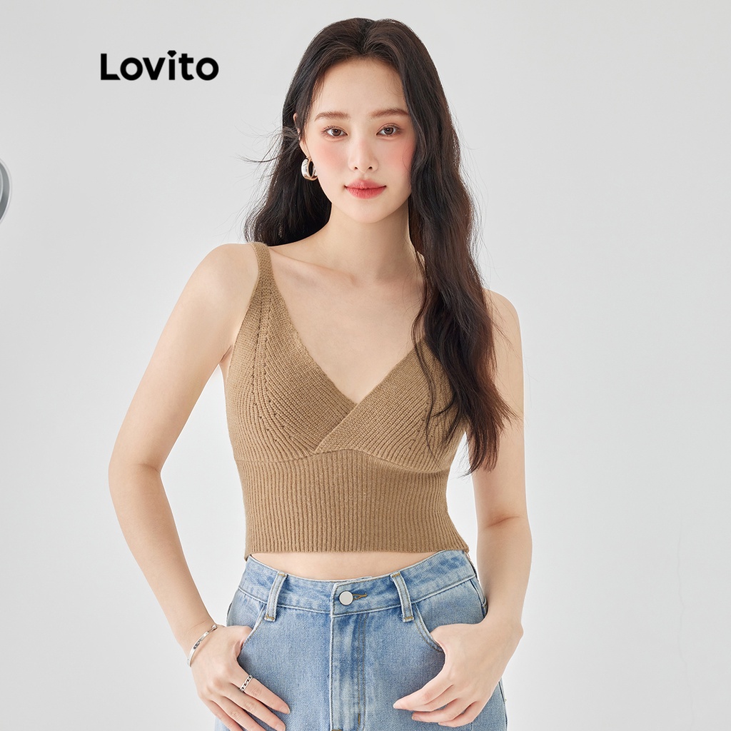 Áo sát nách Lovito không tay cơ bản cổ V sâu màu trơn thường ngày cho nữ L49AD038 (Màu cà phê/ xám/ trắng/ đen)