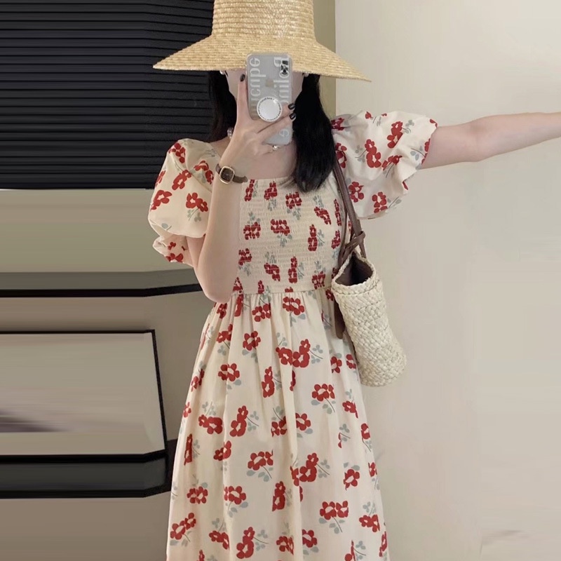 Đầm Chữ A Tay Ngắn Cổ Vuông Họa Tiết Hoa Thời Trang Mùa Hè Hàng Mới Dành Cho Bạn Nữ