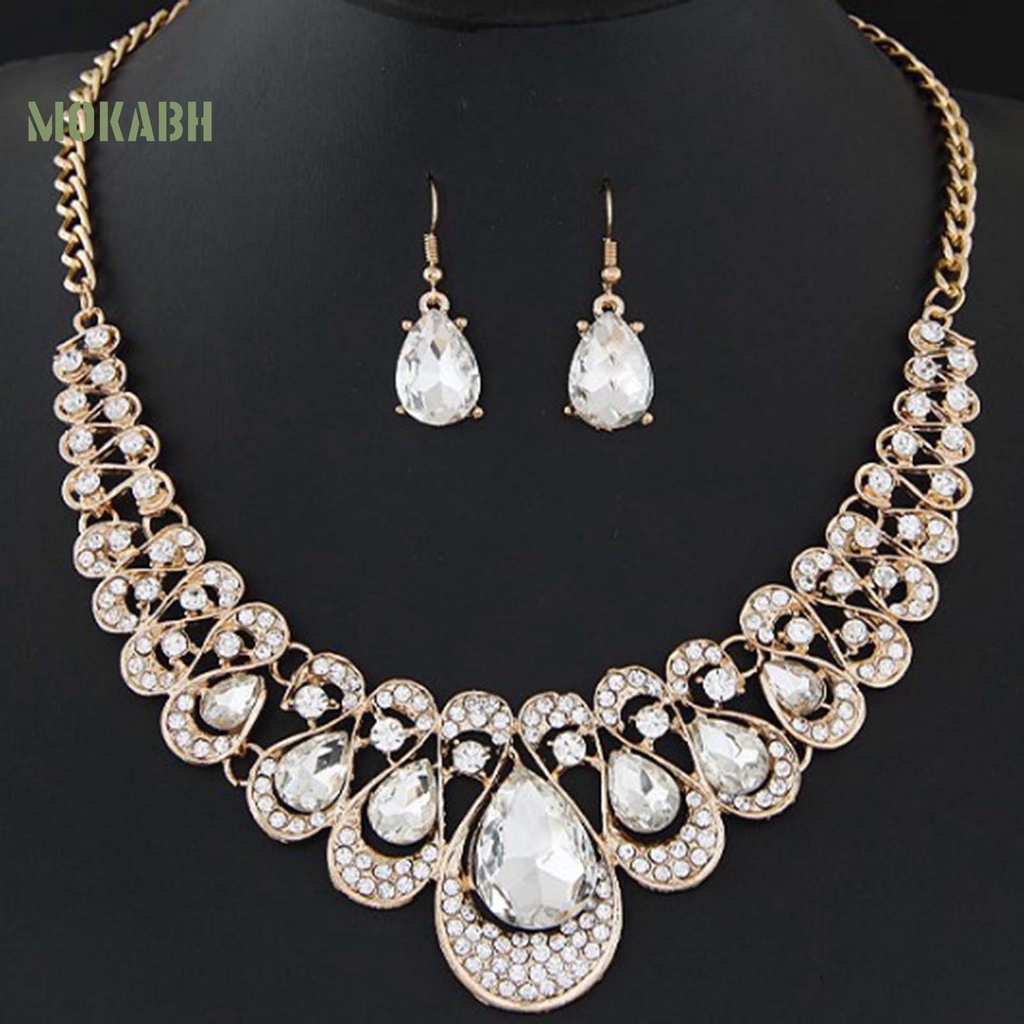 Set 2 Vòng cổ / Bông Tai Hình Giọt Nước Đính Đá Nhiều Màu Thời Trang