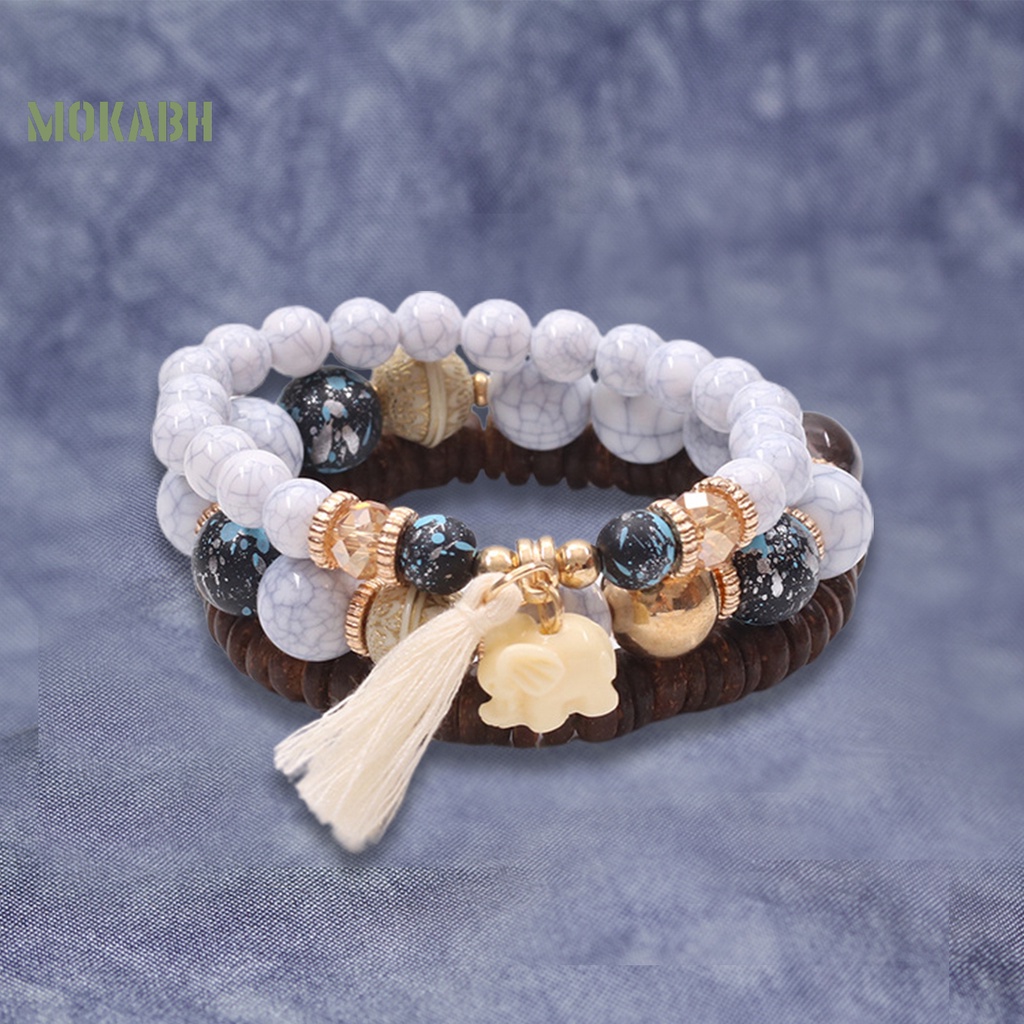 Bộ 3 Vòng Tay Chuỗi Hạt Gỗ Và Tua Rua Thời Trang Xinh Xắn