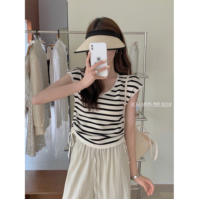 Áo Thun Tay Ngắn Dáng Ôm Phối Dây Rút Họa Tiết Kẻ Sọc Thời Trang Mùa Hè 2023