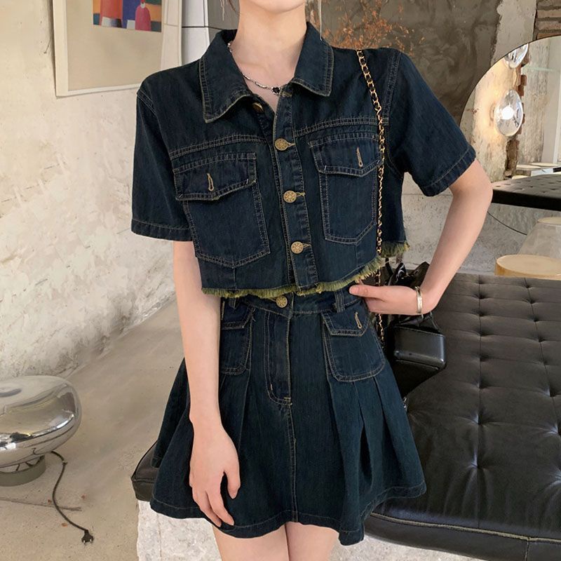 Set áo + chân váy denim cổ áo polo sơ mi denim chân váy xếp ly lưng cao thiết kế túi nút phiên bản hàn quốc thời trang đơn giản