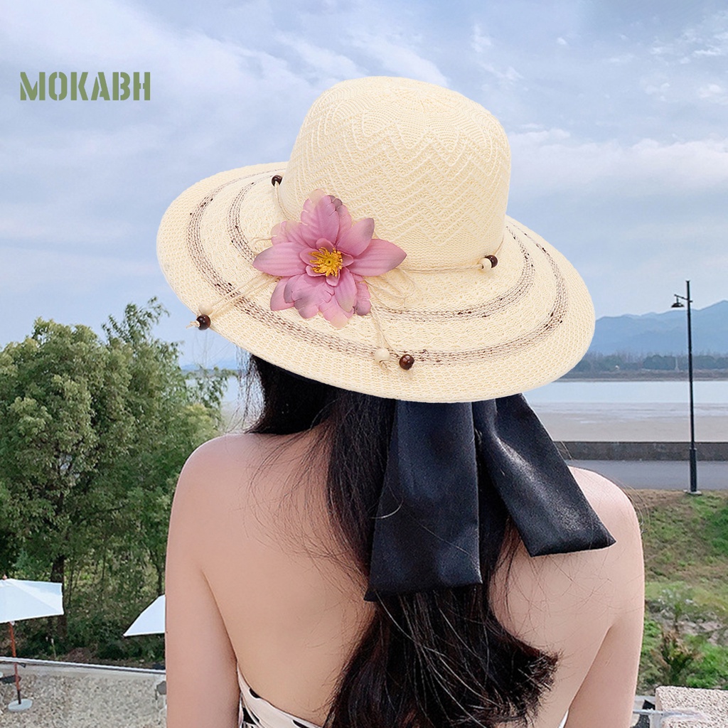 Nón Cối Rộng Vành Màu Trơn Đính Hạt Hoa Phong Cách Hàn Quốc Cho Nữ