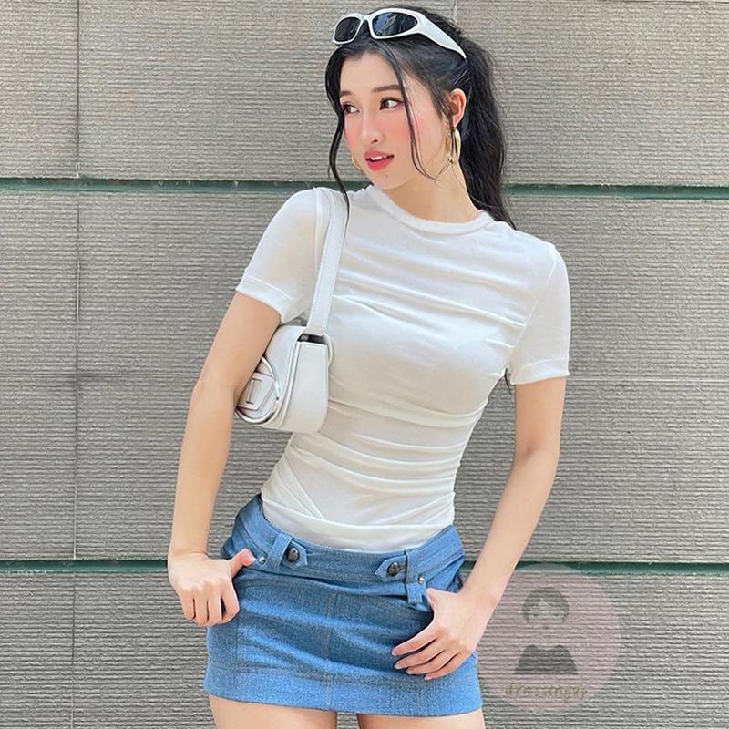 Áo Thun Tay Ngắn Cổ Tròn Xếp Ly Màu Trơn Thời Trang Mùa Hè Xinh Xắn Cho Nữ