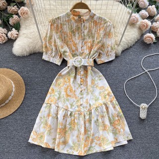 Đầm Dáng Chữ A Tay Phồng Cổ Đứng Buộc Dây Eo Thời Trang Mùa Hè Cho Bạn Gái