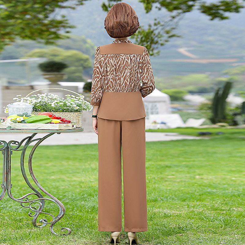 Bộ Áo Thun Tay Lửng Phối Voan + Quần Dài Thời Trang Mùa Hè Cho Phụ Nữ Trung Niên