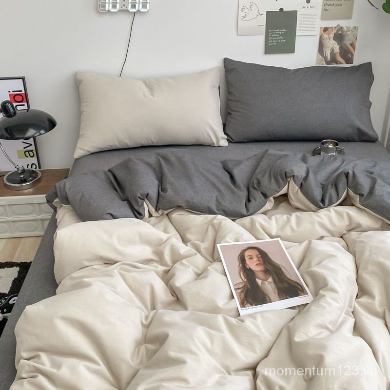Bộ Ga Trải Giường Bốn Mảnh Vỏ Chăn Ga Gối Đệm Cotton Màu Trơn Cao Cấp Có Thể Giặt Rửa